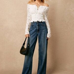 Frenchy White Lace Top, Line Shoulder Top, Three-Dimensional Embroidered Top